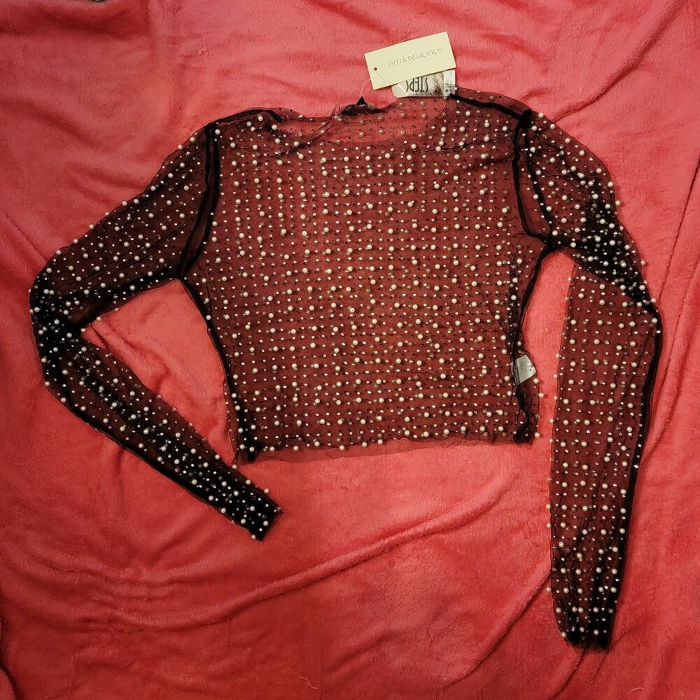 Black Nylon Long Sleeve, Sheer, Blinged out with Pearls & Beads & Stones  Large
